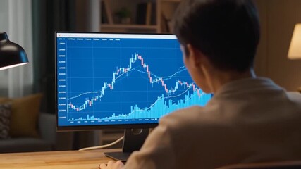 Person analyzing financial stock market charts on a computer screen in a dimly lit office environment late at night - Powered by Adobe