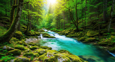 A serene, lush forest with a clear, turquoise stream flowing through it, surrounded by vibrant green moss-covered rocks and trees with sunlit foliage.