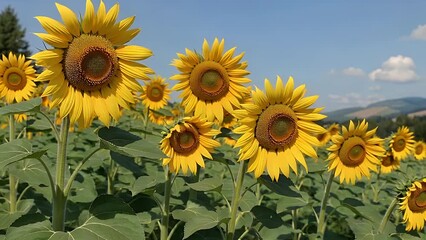 Expansive area of helianthus plants completely flowering and oriented towards the right side. Backdrop substance summertime.