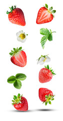 fresh whole and halved strawberries with delicate white blossoms and green leaves