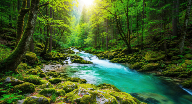 A serene, lush forest with a clear, turquoise stream flowing through it, surrounded by vibrant green moss-covered rocks and trees with sunlit foliage.