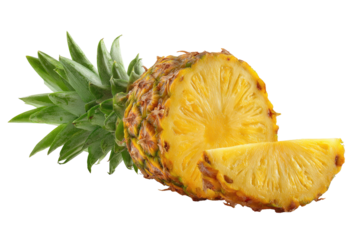 Fresh pineapple slices, vibrant yellow flesh, bright green leaves