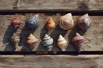 Collection of seashells on a wooden pier with blurred sea background