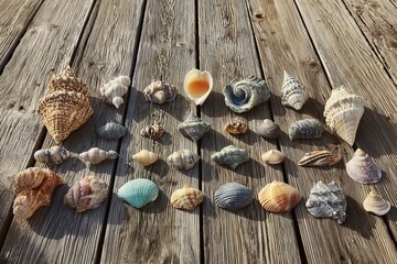 Collection of seashells on a wooden pier with blurred sea background