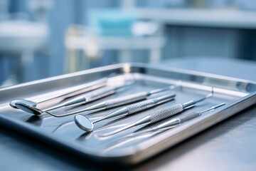Sterile dental instruments on metal tray in modern clinic