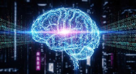 A glowing, digital brain with a glowing, pink light at its center, surrounded by binary code and a cityscape.