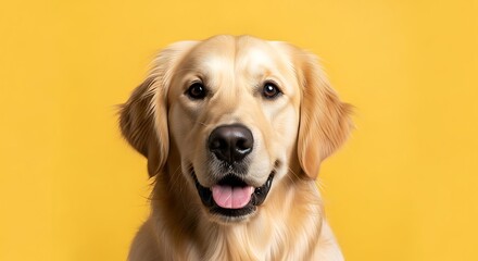 Happy Golden Retriever dog portrait on yellow background.