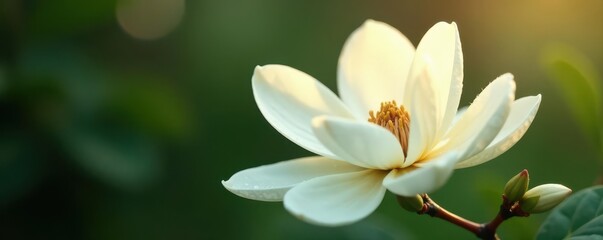 Obraz premium Creamy white magnolia, dewdrop clinging to petal edge, serenity, bloom, floral