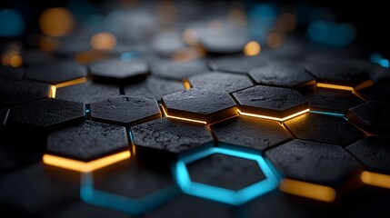 Obraz premium Futuristic Glowing Hexagonal Metal Texture, Cyberpunk - style Dark - tone Geometric Design