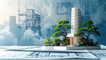 Architectural miniature model on blueprints