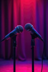 Obraz premium Two Microphones on Stage Collaboration, Partnership, and Dynamic Public Speaking