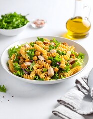 Delicious Pasta Salad with Chicken, Chickpeas, and Fresh Lettuce, Close Up