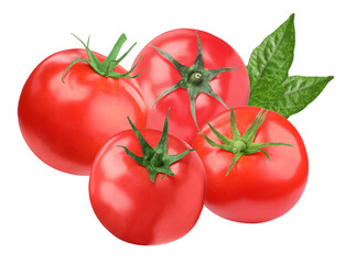 group of ripe red tomatoes with fresh green leaves on a dark background