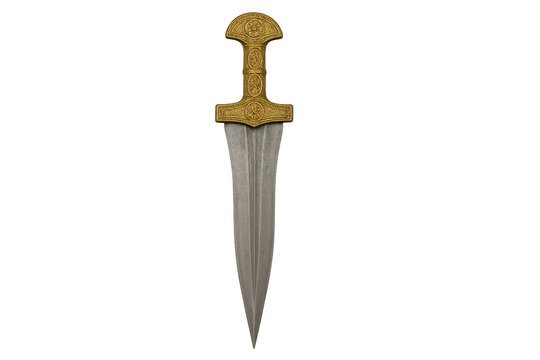 Roman pugio dagger with golden hilt, transparent background