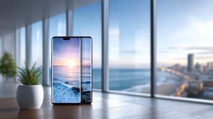 Pair of Smartphones Displaying Ocean Sunset with Modern Cityscape Background