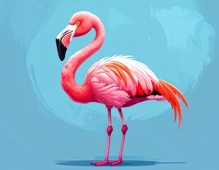 Pink flamingo, detailed feathers, elegant pose, light blue background