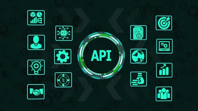 API Application Programming Interface Concept with Glowing Digital Icons and Arrows on Blurred Background Representing Data Integration and Technology.