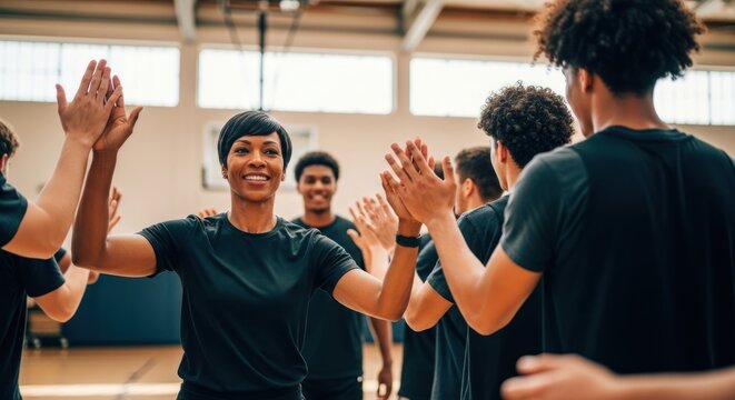 A group of basketball players high-fiving in a gymnasium.