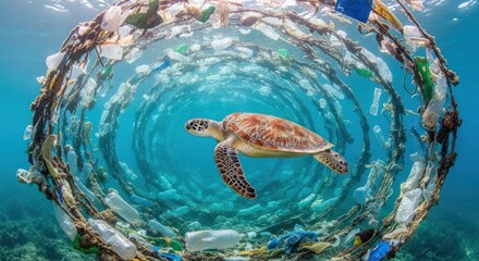 A turtle swimming through a circular array of plastic debris in the ocean.