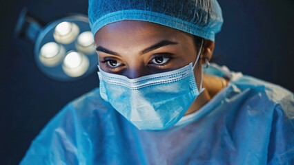 Portrait of female surgeon wearing surgical uniform and mask under operating lights, healthcare, responsibility, precision, focus, professionalism, surgery, hospital, dedication, world of medicine.