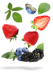 assorted fresh berries with green leaves scattered on a transparent background