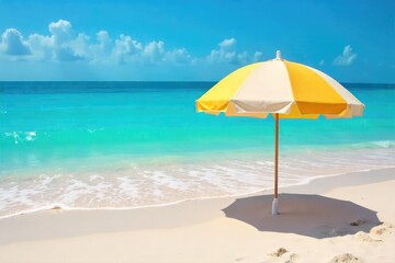 Vibrant beach umbrella providing shade on a sunny day, casting a shadow on the sand Perfect for summer vacation, relaxation, and coastal imagery , pole, stripe, dune