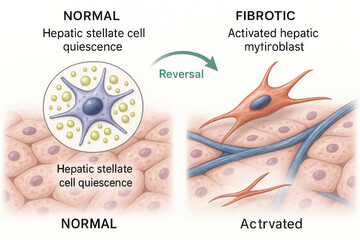 Obraz premium Illustration of Normal vs Fibrotic Liver Cells