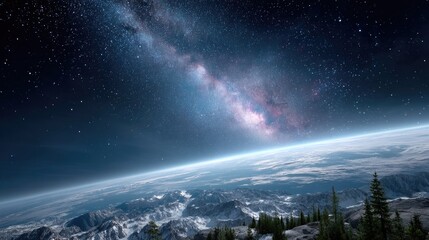 Panoramic Earth and Milky Way View from Space with Starry Sky and Atmospheric Glow Landscape