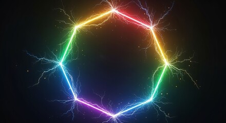 Dynamic rainbow energy hexagon crackles with vibrant lightning bursts against a dark, cosmic background