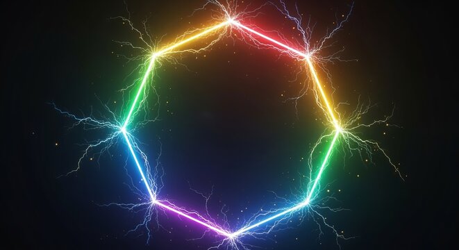 Dynamic rainbow energy hexagon crackles with vibrant lightning bursts against a dark, cosmic background