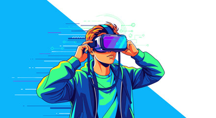 A young man in a hoodie adjusts his virtual reality headset against a dynamic blue and white background.