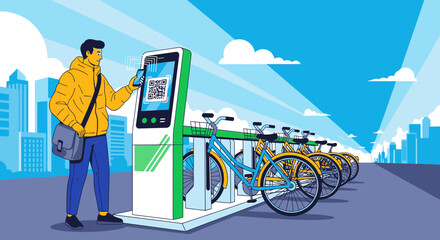 A man in a yellow jacket uses his smartphone to scan a QR code and rent a bicycle from a public bike-sharing station in a modern city.