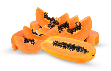 delicious arrangement of fresh papaya halves, numerous slices, and juicy cubes
