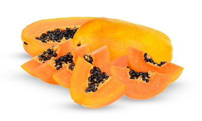 abundant arrangement of fresh ripe papaya halves, slices, and cubes with seeds