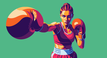 Stylized illustration of a powerful female boxer in a dynamic pose throwing a punch towards the viewer against a green background.
