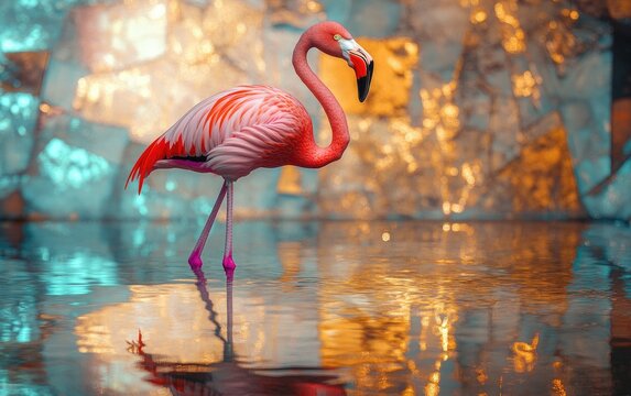 A flamingo standing in a pool of water, its vivid pink feathers reflected in the still water. The birda??s legs, feathers, and reflections are highlighted by soft, 