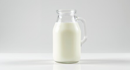 A glass pitcher filled with fresh milk on a white surface