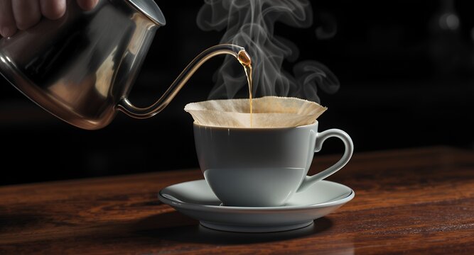 Coffee Brewing Pouring Hot Water into Coffee Filter with Cup