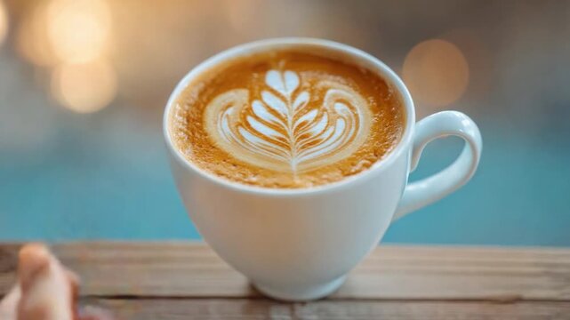 Latte Art Delight: An elegantly designed latte, showcasing intricate latte art, rests on a wooden surface. The warm.