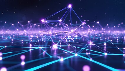 Futuristic Quantum Computing – Glowing Interconnected Qubits, Complex Network, Light Trails, Intricate Data Flows, Immense Processing Power, Deep Blue & Purple Digital Art Background.