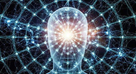 A human head with a glowing brain and a network of interconnected neural pathways.