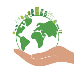 Hands Holding The Green Earth Globe with city vector Illustration