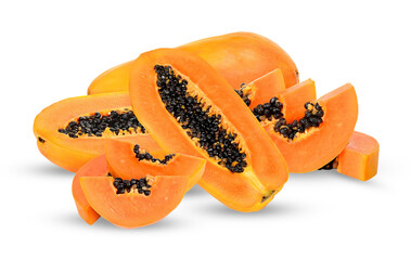 fresh whole and sliced papaya with visible seeds, vibrant orange fruit