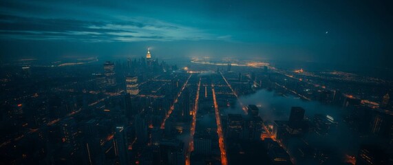 Fototapeta premium Intense panoramic cityscape at twilight, a futuristic metropolis bathed in dramatic light from above