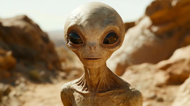 Realistic depiction of alien being with large black eyes and slender body standing in rocky desert landscape, symbolizing extraterrestrial life, science fiction, and mystery of outer space exploration