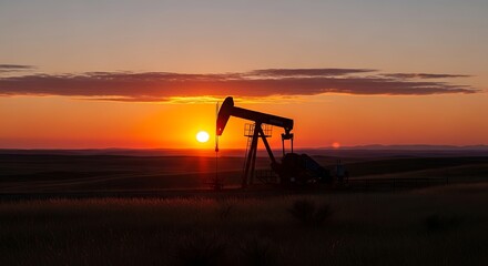 Naklejka premium Oil Pump Silhouette at Sunset Landscape.