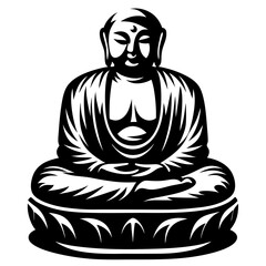 Monochrome vector illustration of a seated Buddha meditating on a lotus platform