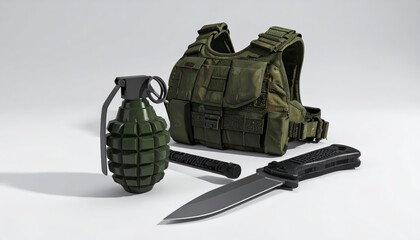 A composition showcasing military and tactical gear, featuring a dark green grenade, a military vest, and a black combat knife, arranged against a neutral background with careful lighting;...