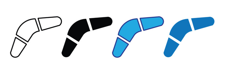 Four boomerangs in different styles outline, solid black, and two shades of blue, isolated on transparent background