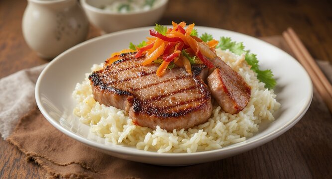 Grilled Pork Chop with Rice and Garnishes